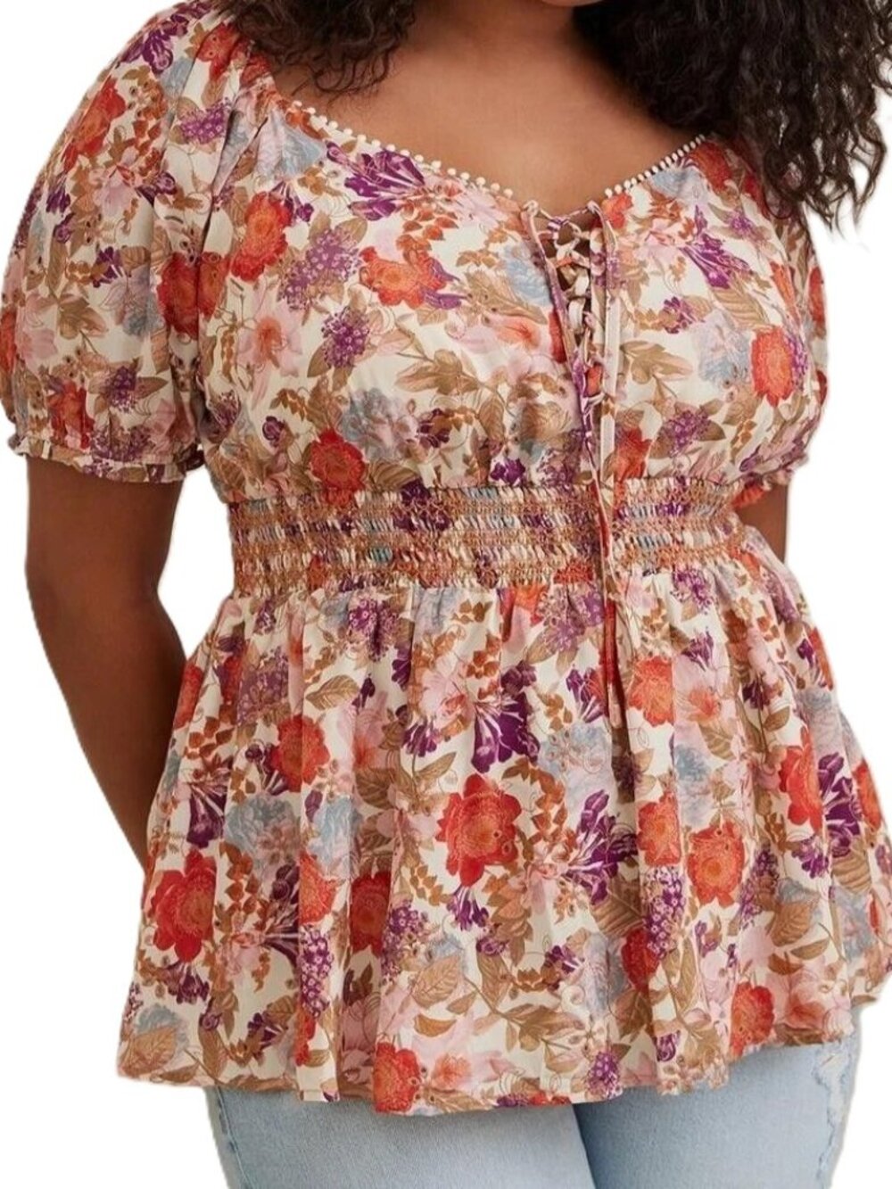 Torrid Georgette Eyelet Smocked Waist Top Blouse‎ Size 00 Floral Lined